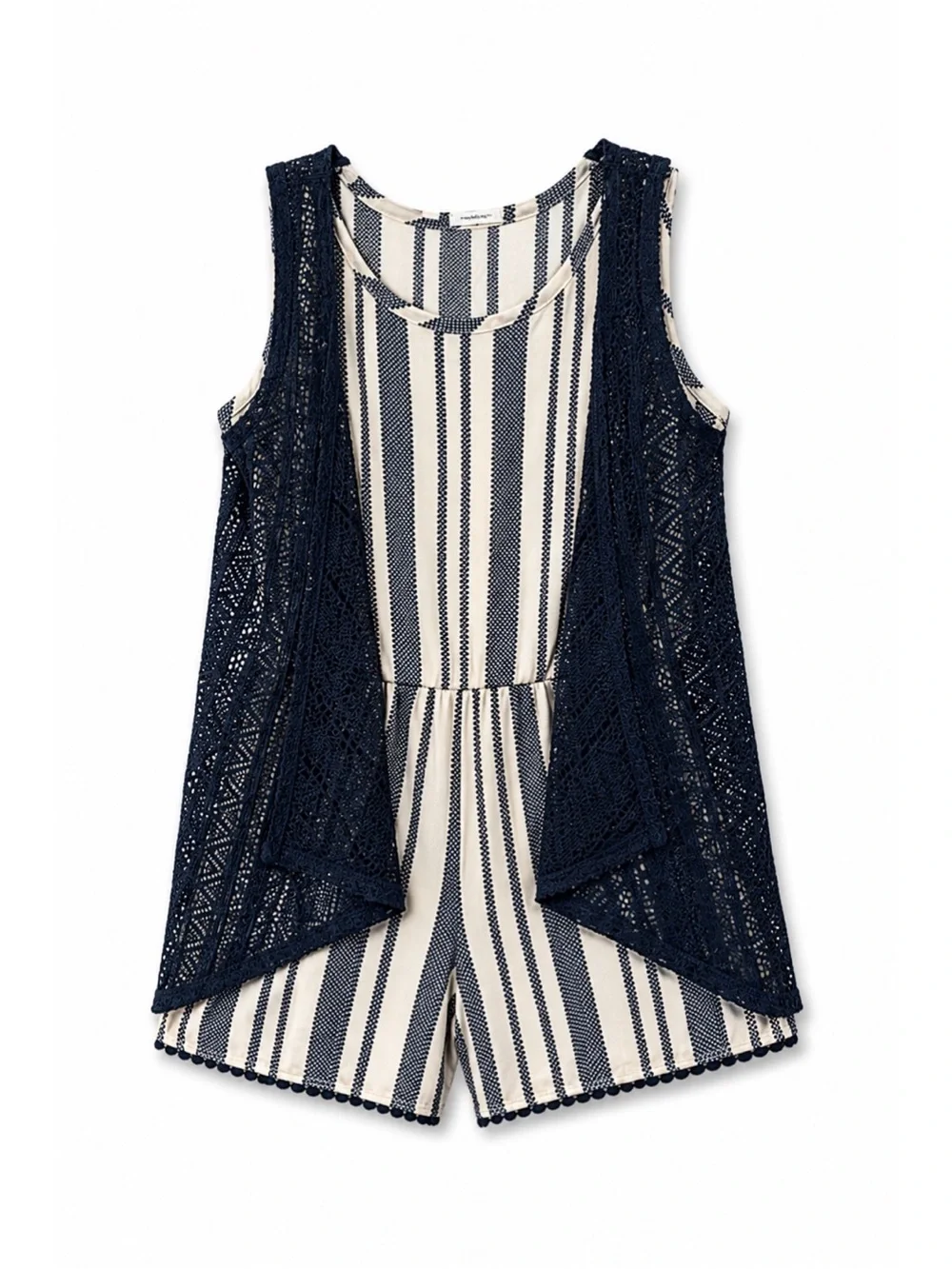 Emily West Cream Navy 2-Piece Romper & Crochet Sweater Boho Outfit Girls Size 7